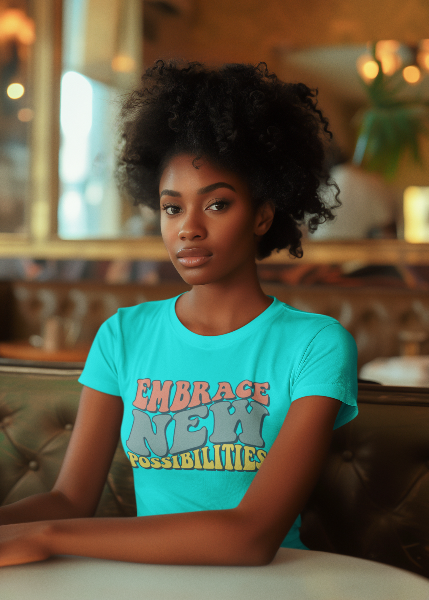 A person with curly hair, seated in a booth, is wearing a turquoise-hued Embrace New Possibilities Tee from Sharp Tact Kreativ, featuring a bold design that exudes positivity and the spirit of new opportunities.