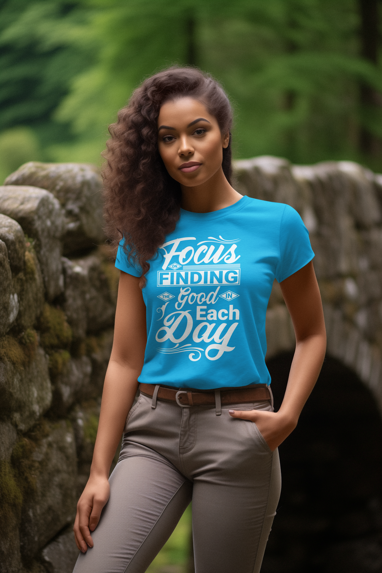 A person wearing the Sharp Tact Kreativ "Focus on Finding the Good in Each Day" Tee stands outdoors, surrounded by greenery and stone, exuding positivity.