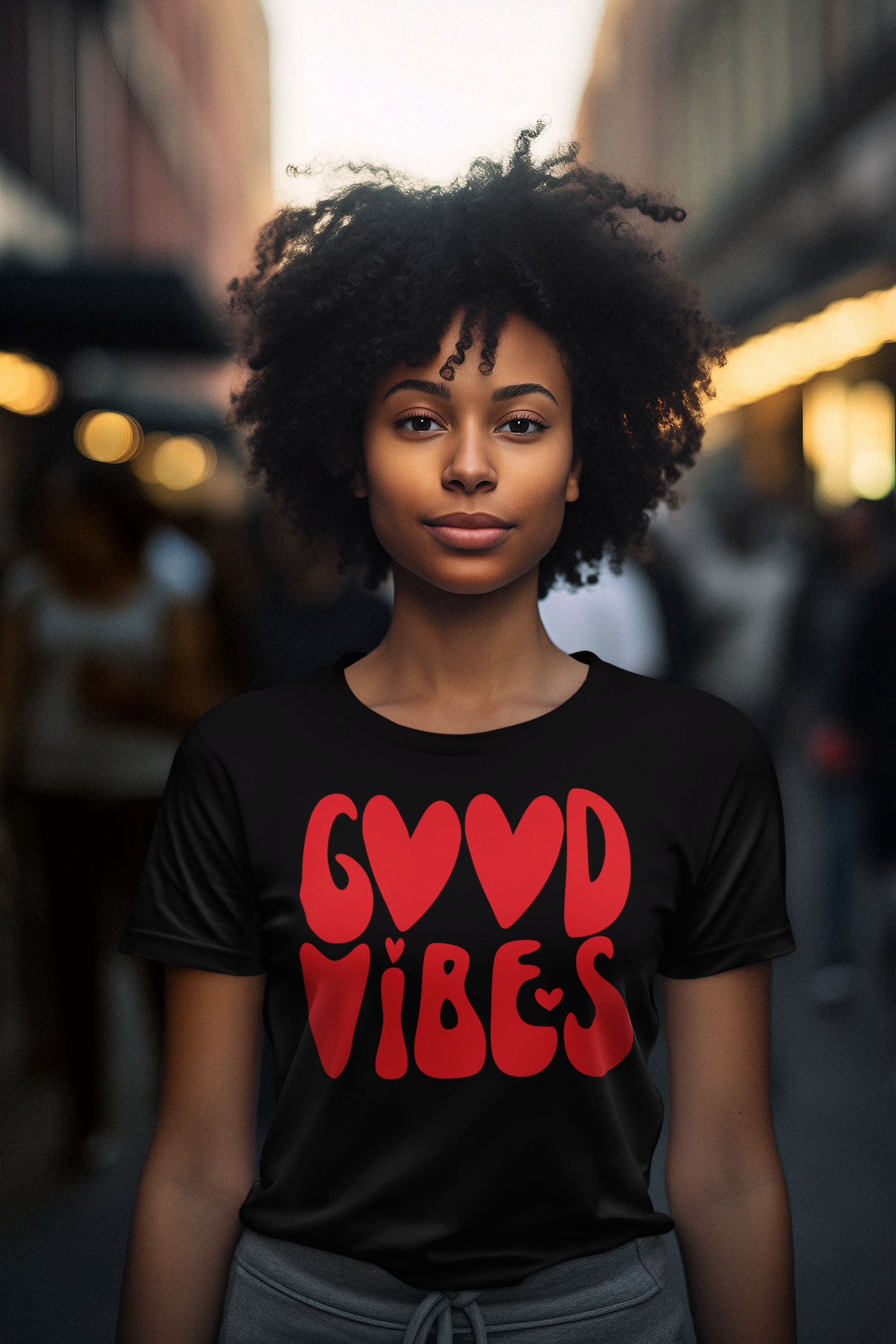 A woman wearing a Good Vibes Red Tee by Sharp Tact Kreativ | Tees & Gifts with Encouraging Messages to Brighten Your Day with a Bit of Wit.