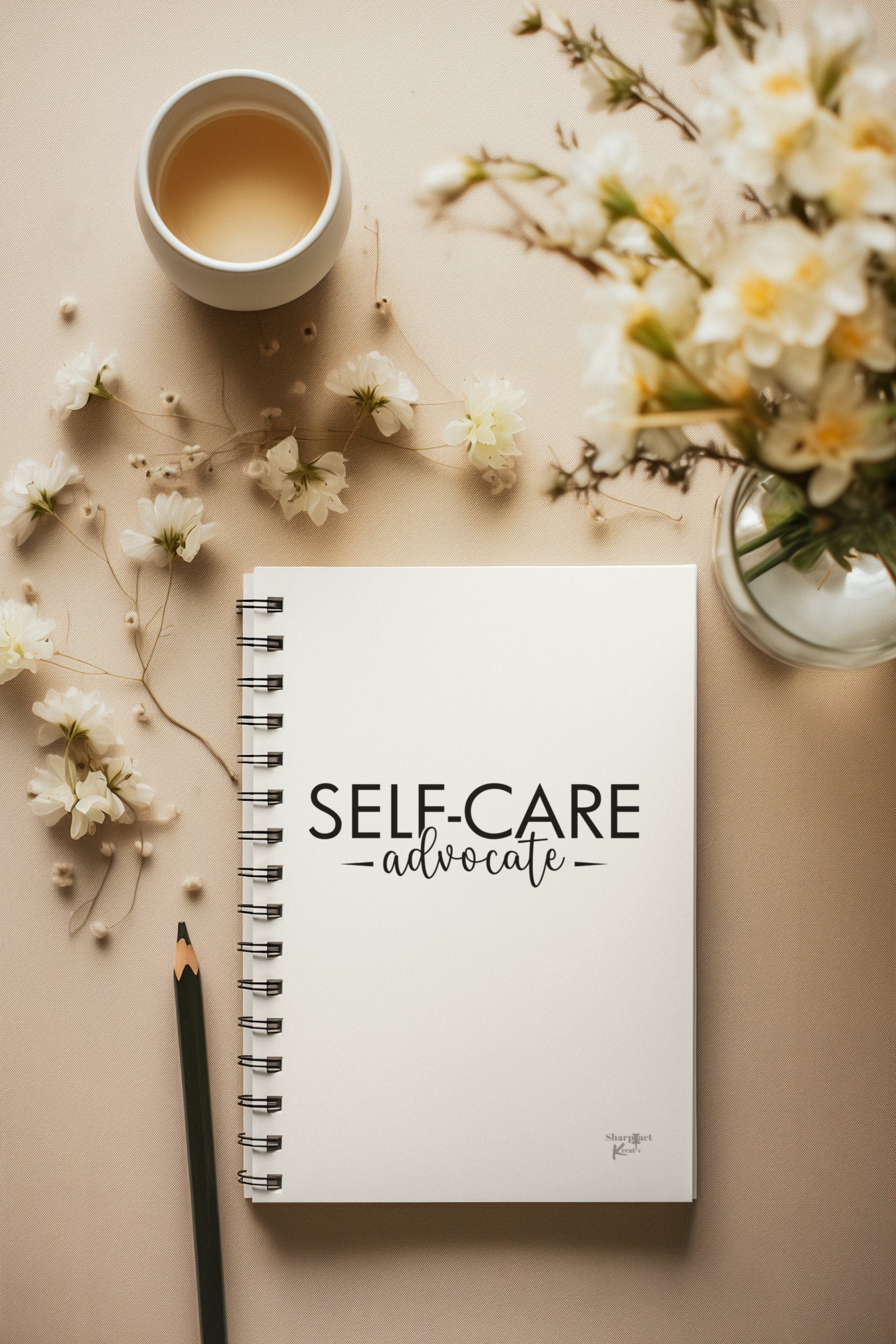 The Self-Care Advocate Notebook by Sharp Tact Kreativ sits on a beige surface beside a pencil, cup of tea, and white flowers—perfect for jotting down ideas and adding encouragement to your day.