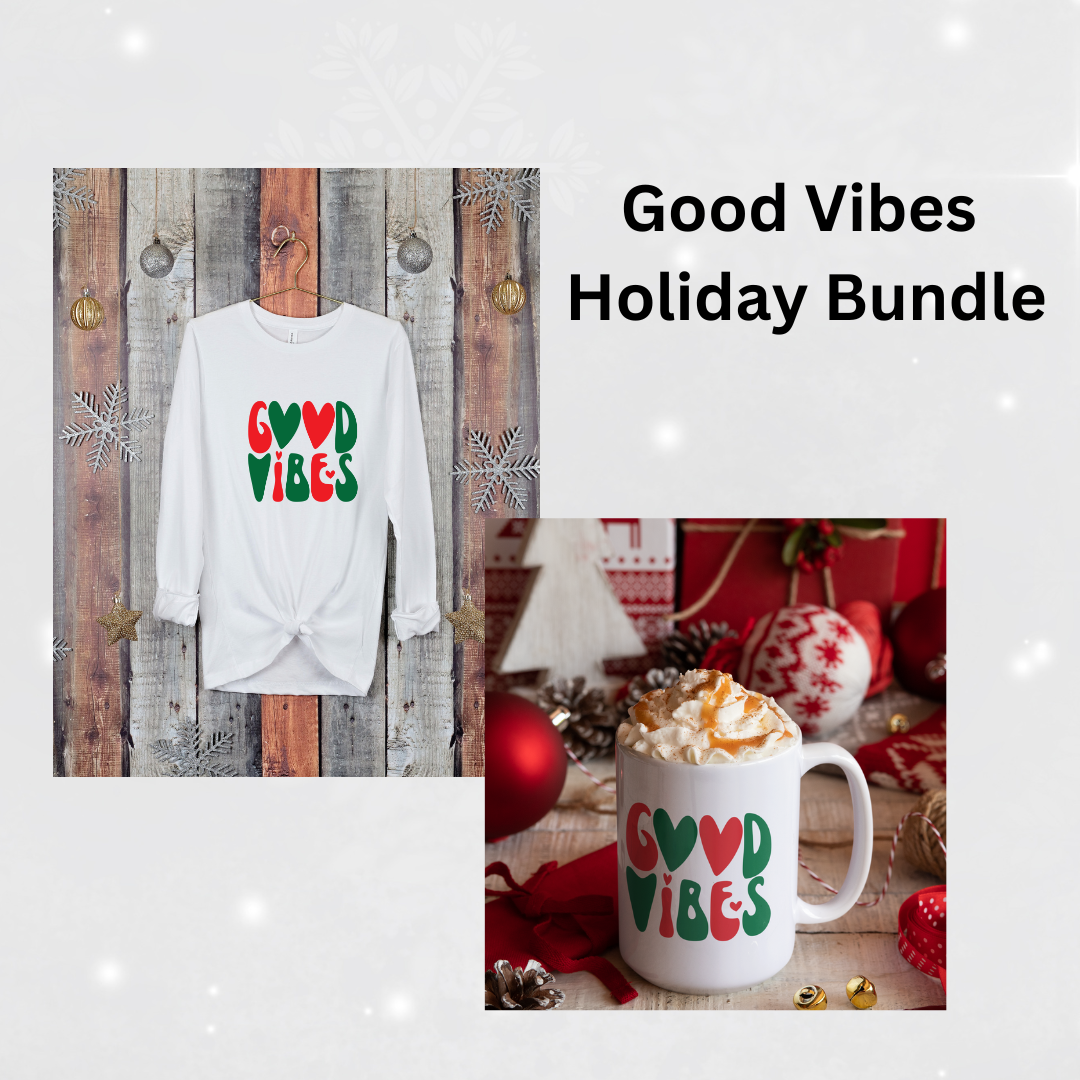Sharp Tact Kreativ Good Vibes Holiday Bundle featuring a festive long-sleeve tee.