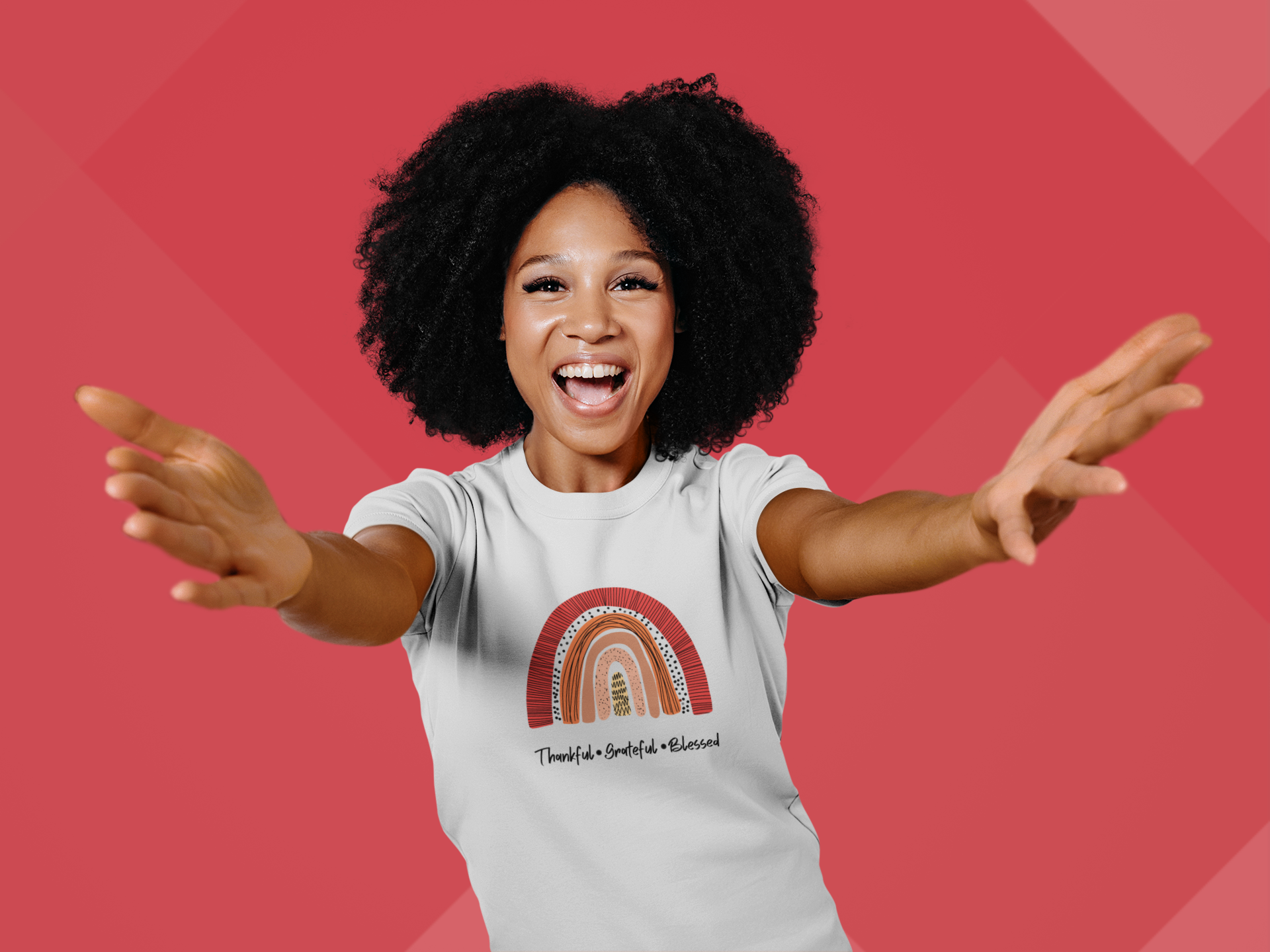 A young woman wearing a Thankful, Grateful, Blessed Tee by Sharp Tact Kreativ | Tees & Gifts with Encouraging Messages to Brighten Your Day with a Bit of Wit, feeling grateful.