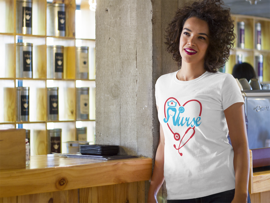 A woman wearing a Nurse (Flip) Tee t-shirt from Sharp Tact Kreativ | Tees & Gifts with Encouraging Messages to Brighten Your Day with a Bit of Wit brand, with the word nurse on it.