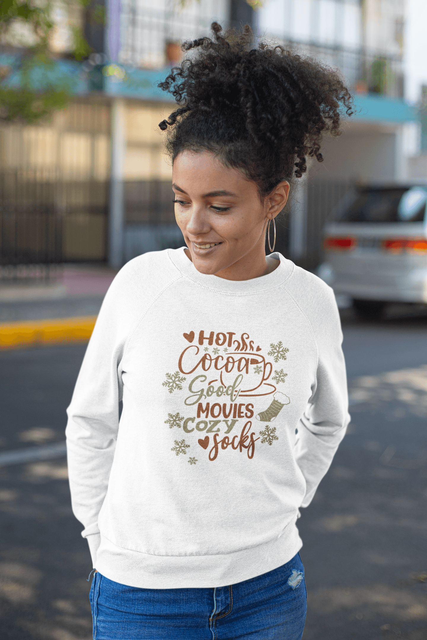 Hot Cocoa, Good Movies, Cozy Socks Sweatshirt - Sharp Tact Kreativ | Tees & Gifts with Encouraging Messages to Brighten Your Day with a Bit of Wit