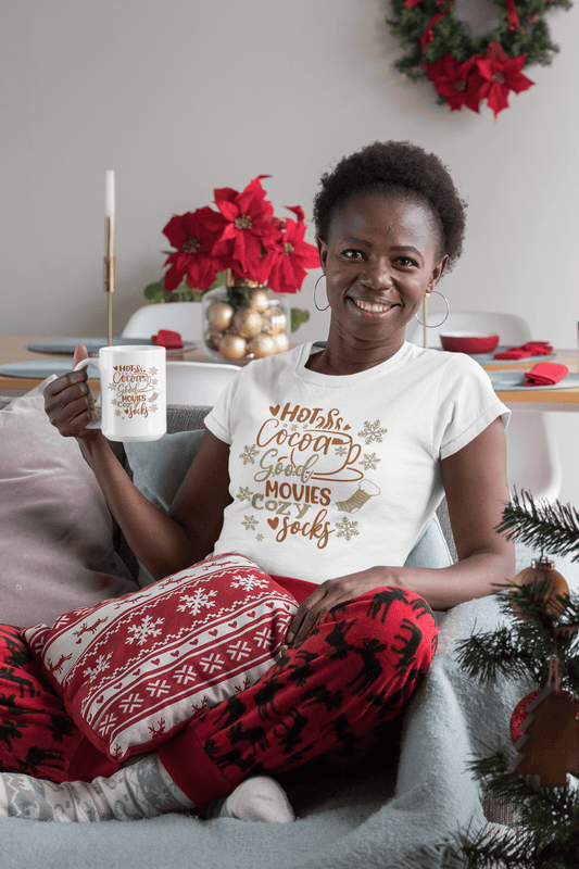 Hot Cocoa, Good Movies, Cozy Socks Tee - Sharp Tact Kreativ | Tees & Gifts with Encouraging Messages to Brighten Your Day with a Bit of Wit