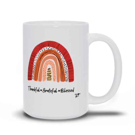 Thankful, Grateful, Blessed 15 oz Mug - Sharp Tact Kreativ | Tees & Gifts with Encouraging Messages to Brighten Your Day with a Bit of Wit